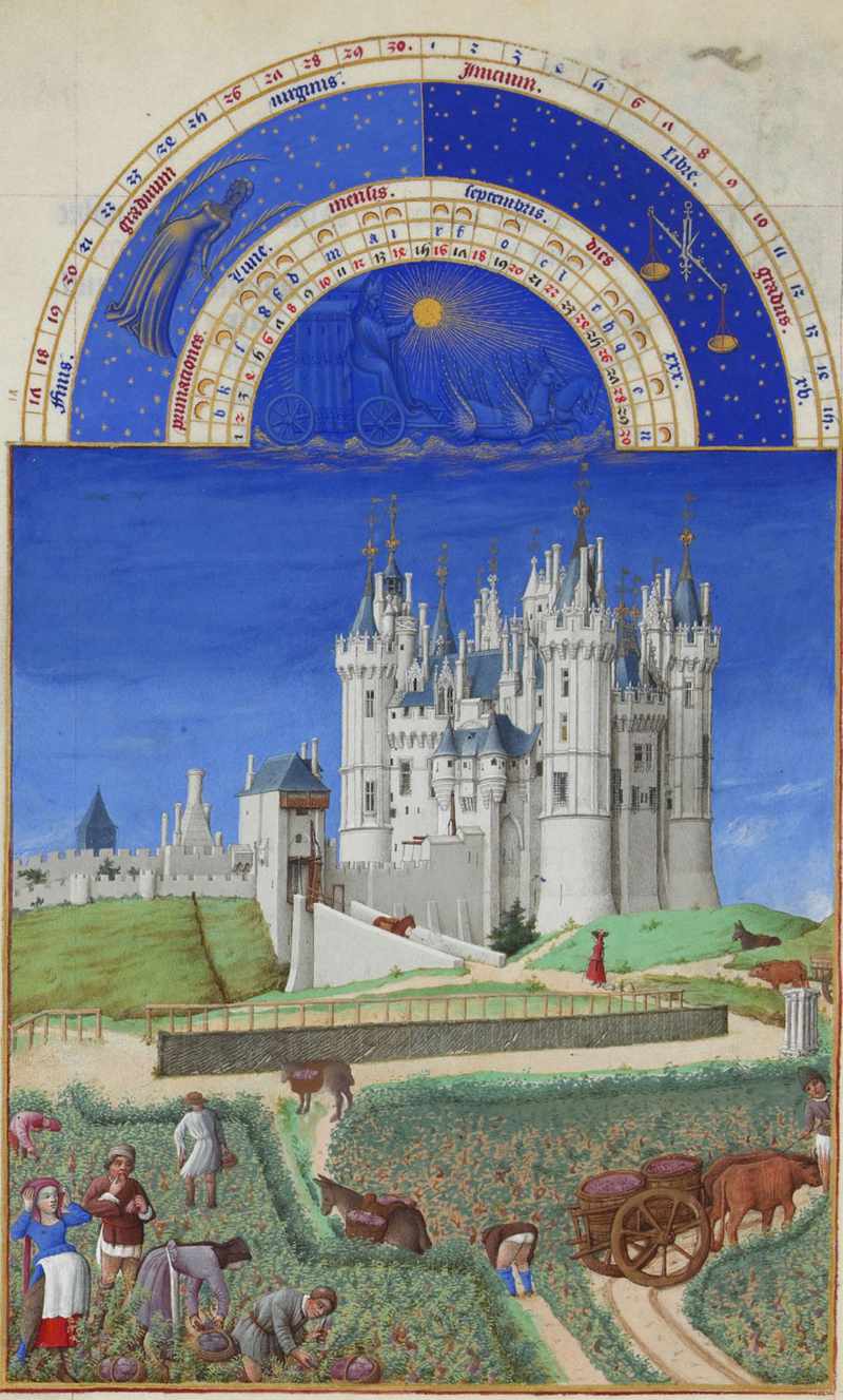 Detalle de ilustración del mes de septiembre, las muy ricas horas del Duque de Berry, Francia siglo XV