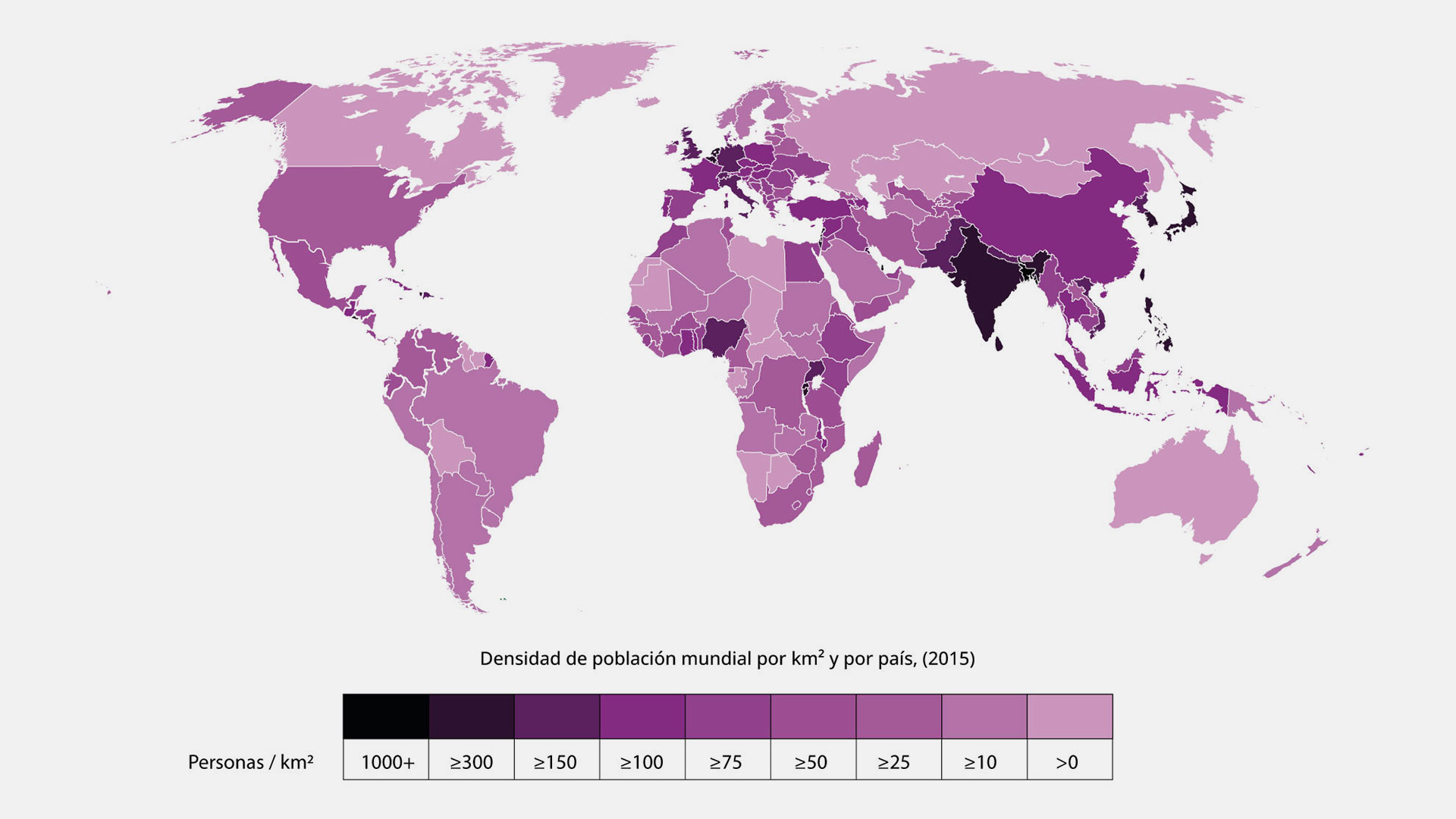 Densidad de población mundial por km<sup>2</sup> y por país, (2015)
