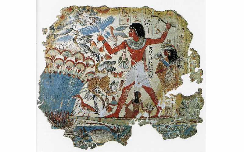 Pintura mural Nebanóm y su familia cazando patos, Valle de las Reinas Tebas