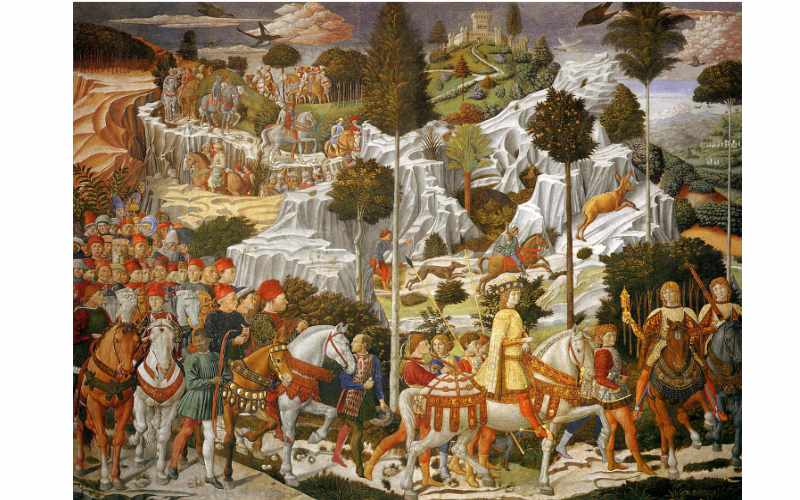 Pintura mural El Cortejo de los Reyes Magos, de Bernardo Gozzoli en el Palacio de los Medici, Florencia (1459-1461)