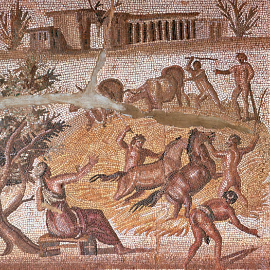 Mosaico romano de esclavos en trabajando en un latifundio