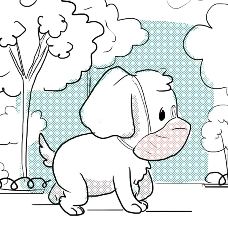 Perro usando cubrebocas mientras pasea en el parque