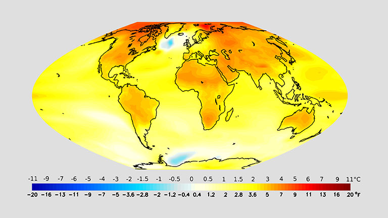 Cambios proyectados en la media anual térmica del aire superficial, desde finales del siglo XX hasta mediados del siglo XXI.